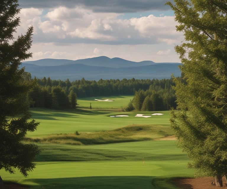 A scenic view of a golf course with golfers enjoying their game.