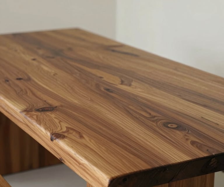 Mesa em madeira maciça mostrando a elegância dos veios naturais e do acabamento acetinado