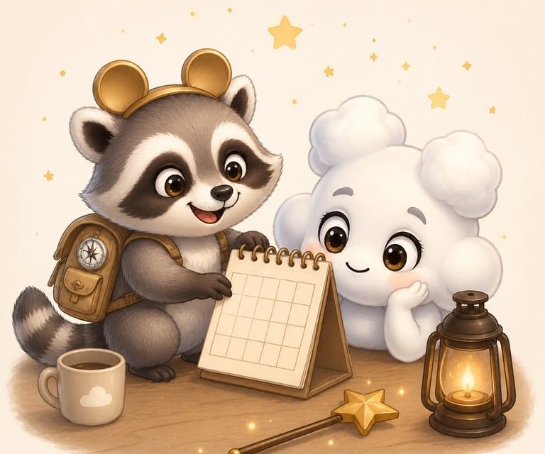 Cute raccoon with a backpack and a fluffy white cloud character planning on a desk calendar.
