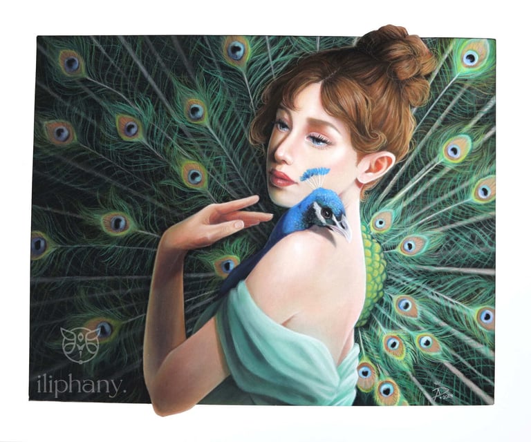 pastelpainting depicting a woman holding a peacock with opened tail feathers in her arms