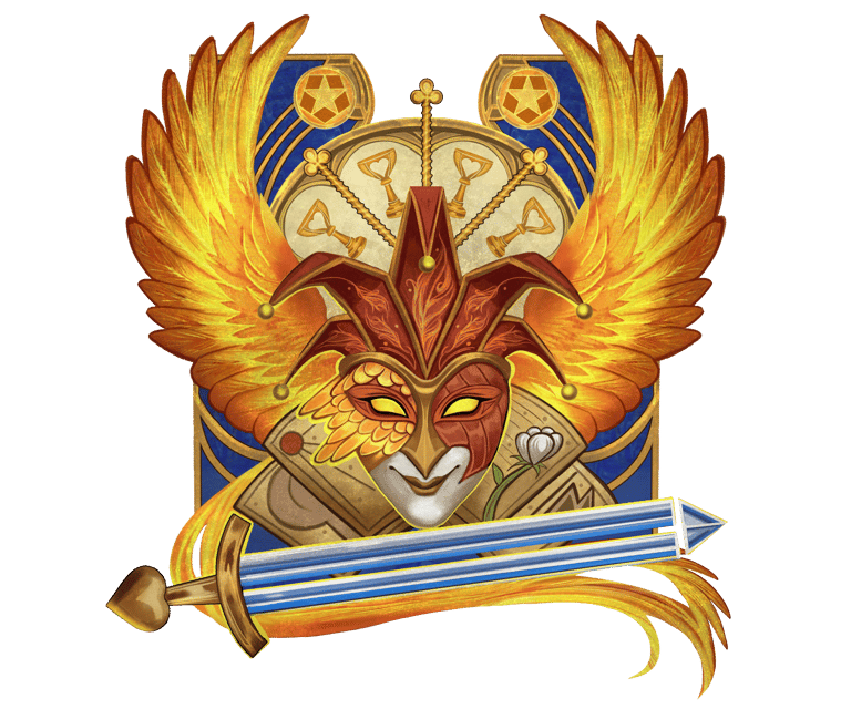 Fools Reborn Logo. Carnival Mask in front of fiery wings, surrounded by tarot suit imagery.