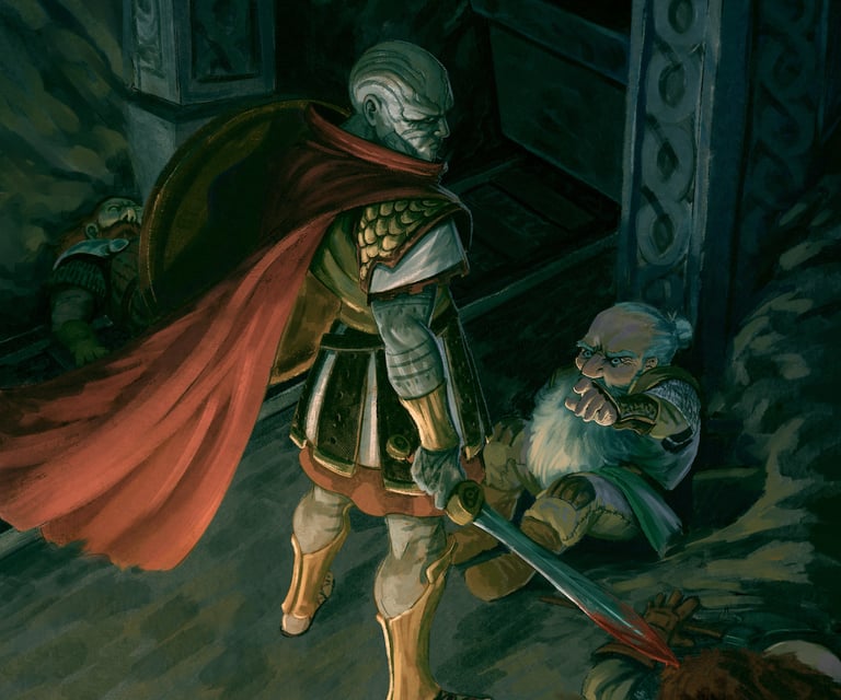 A tall greystone-skinned warrior dressed in classical bronze age style. (Art David Ledesma - Creea) 