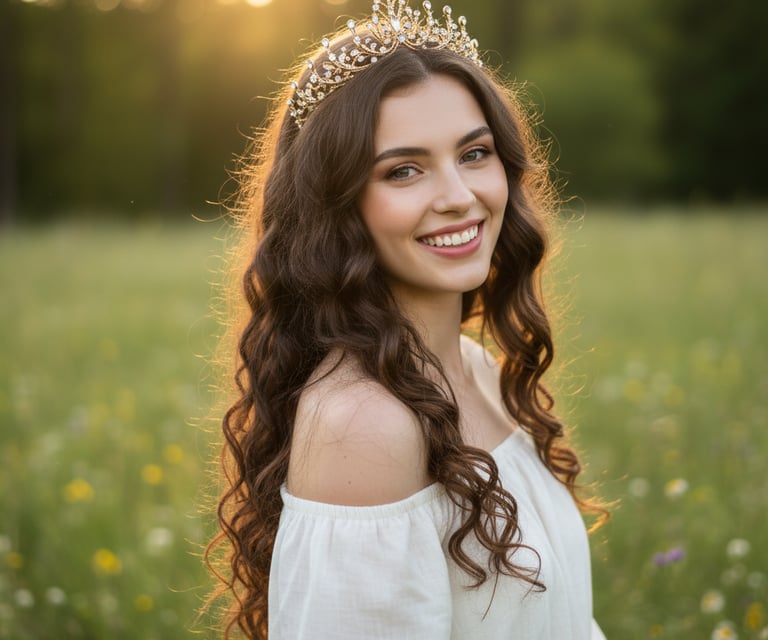 a white woman smiiling at the camera with a crown on her head