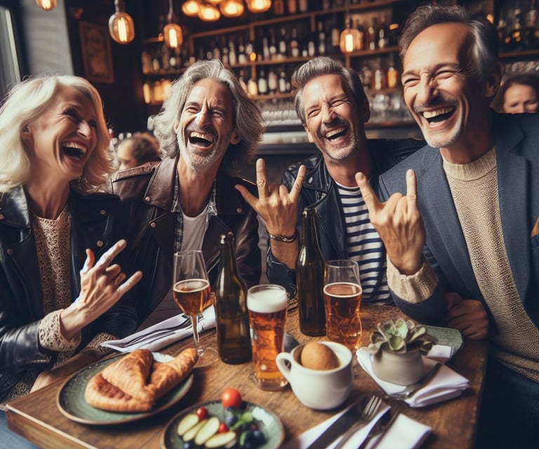 a group of people sitting at a table with food