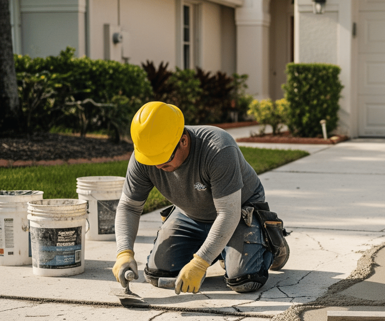 a man in a yellow helmet is working on a concrete slab