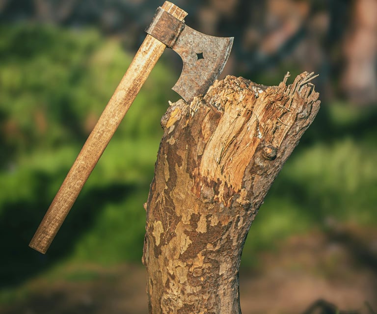 Hatchet embedded in log stump, used for bushcraft wood processing and shelter building