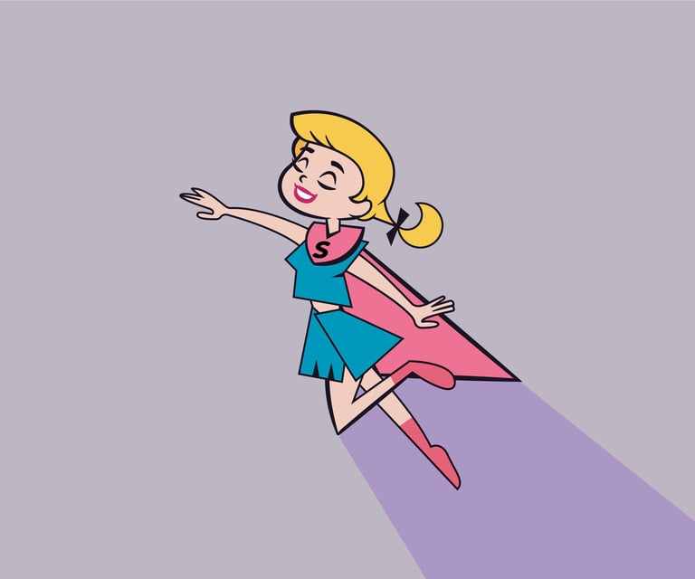 Vintage cartoon illustration of a blonde superhero girl in a blue costume and pink cape flying.