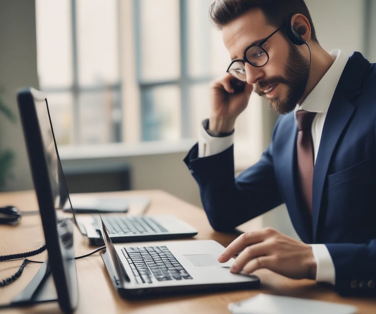 A welcoming office reception desk with a phone and a laptop, ready to assist customers.