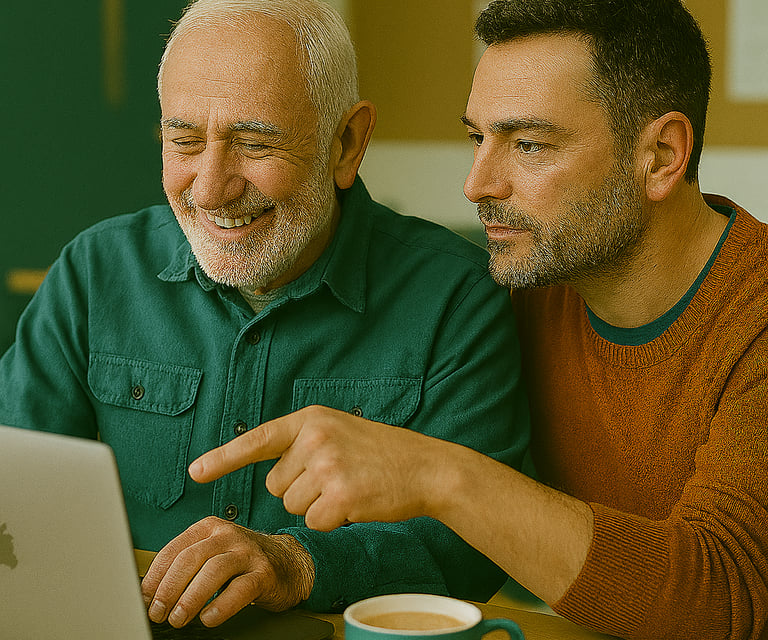 A man in his thirties shows an older man how to use a laptop. The older man is smiling.