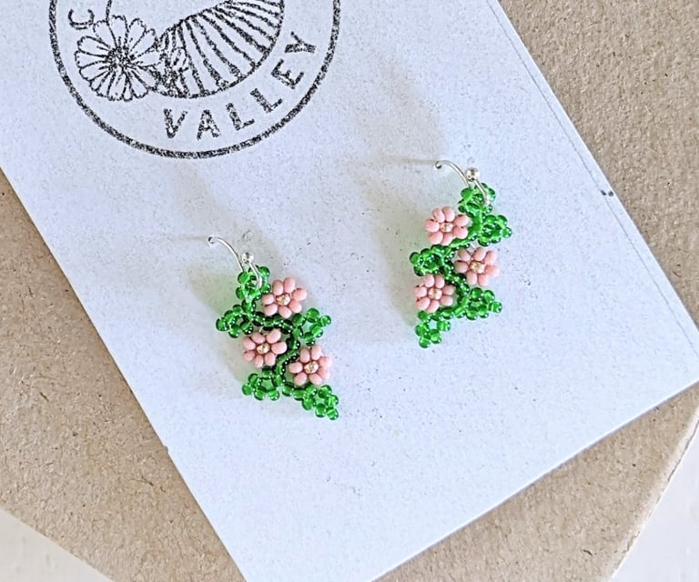 Beautifully hand beaded soft rose pink floral garland earrings made with Czech glass beads