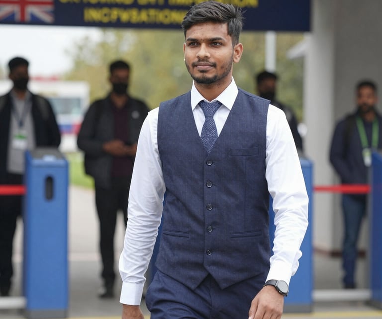 Happy Indian student showing approved visa documents with consultant at ladder overseas office.