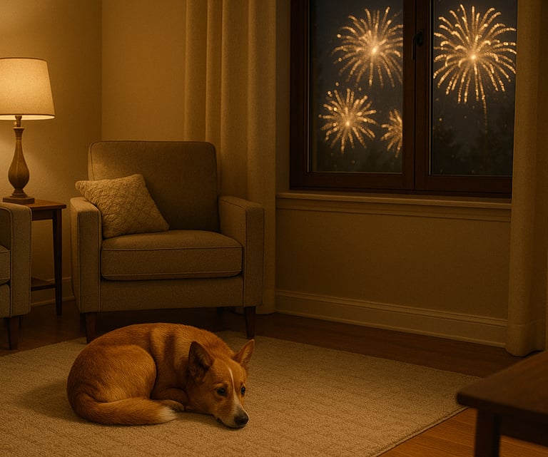 Dog feeling anxious while fireworks are outside.
