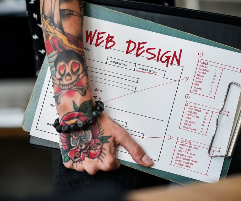 a person with tattoos holding a clipboard with a chart that is labeled web design