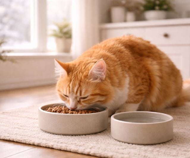 Cat following a healthy feeding routine at home in winter