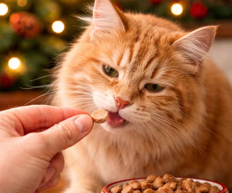 Cat eating a safe holiday treat.