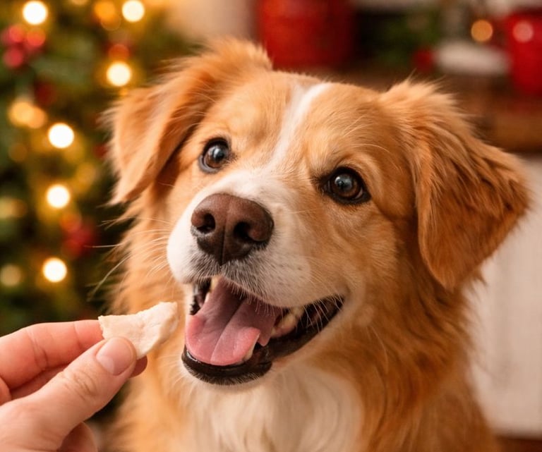 Dog enjoying a safe holiday treat indoors.