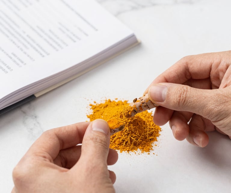 Bright high-key food photography, soft natural daylight, clean white marble background, hands measuring turmeric and cumin spices next to a clinical handbook, 50mm lens