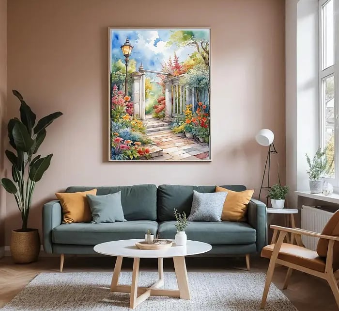 a living room with a couch and a painting