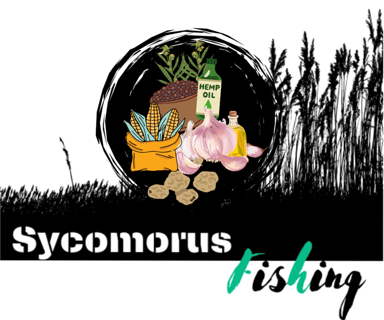Logo with natural baits: tiger nuts, hemp, garlic, corn