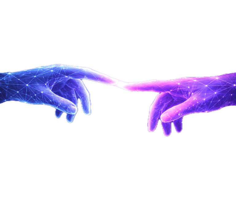 two hands touching each other with a glowing blue and pink light