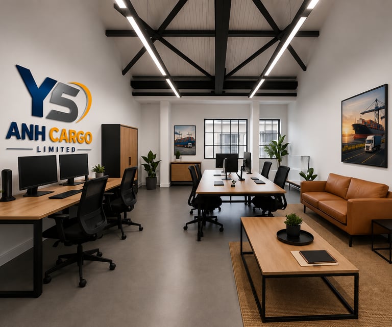 Modern Y5 Anh Cargo Limited logistics office interior with wooden desks, leather sofa, and industrial ceiling.