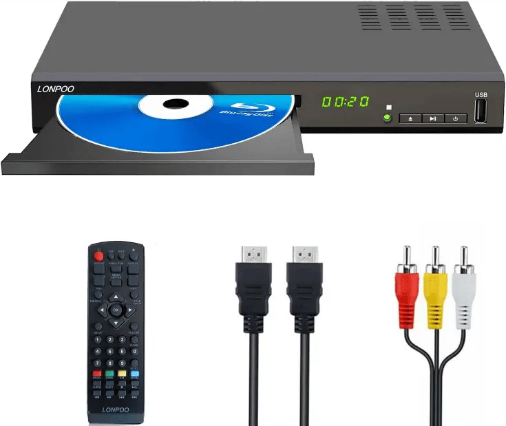 LONPOO LP-100 Reproductor de BLU-Ray/DVD Disc para TV (Full HD 1080P, Salida HDMI/AV/Coxical)