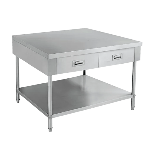 Professional work bench made from heavy duty stainless steel featuring two sliding drawers and a solid under shelf.