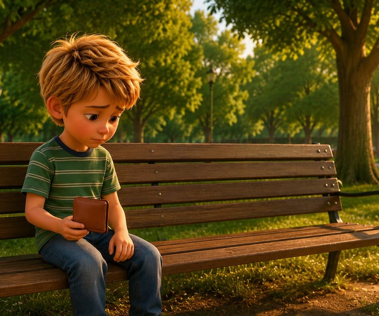 A sad animated boy sitting on a park bench holding a brown wallet in a sunlit playground.