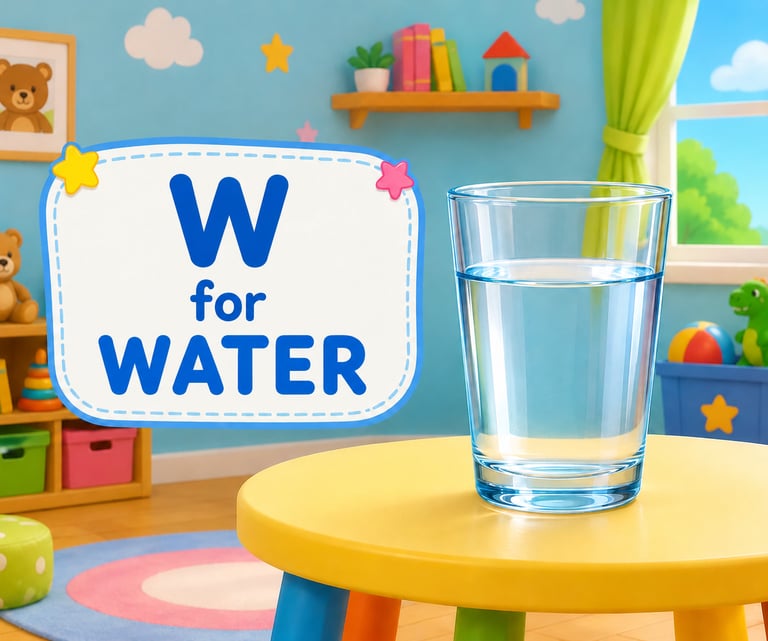Educational alphabet poster showing W for Water with a glass on a table in a playroom.