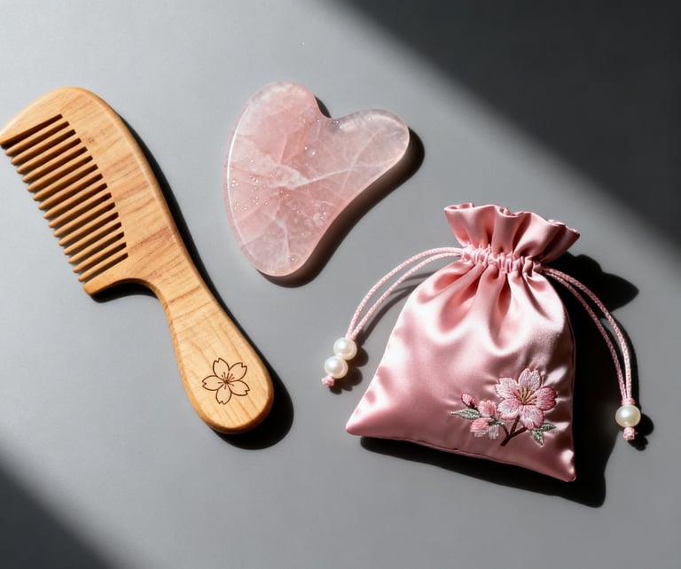 "Sakura Ritual" GWP collection, featuring a pink satin pouch with a wooden comb and Gua Sha