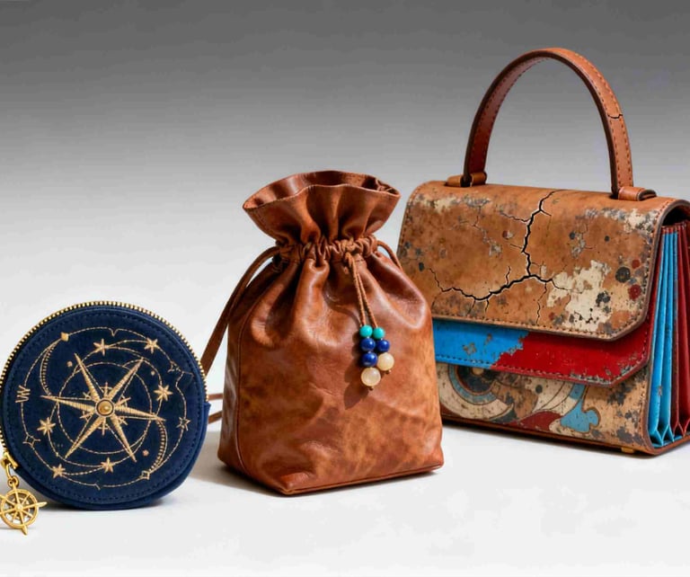 Silk Road Odyssey GWP collection, featuring an embroidered compass pouch and a cracked-leather bag