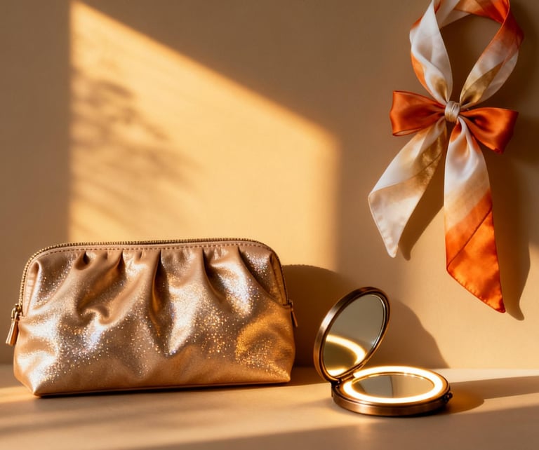 "Gilded Moments" GWP collection, with a shimmering gold cosmetic pouch, silk scarf, and mirror.