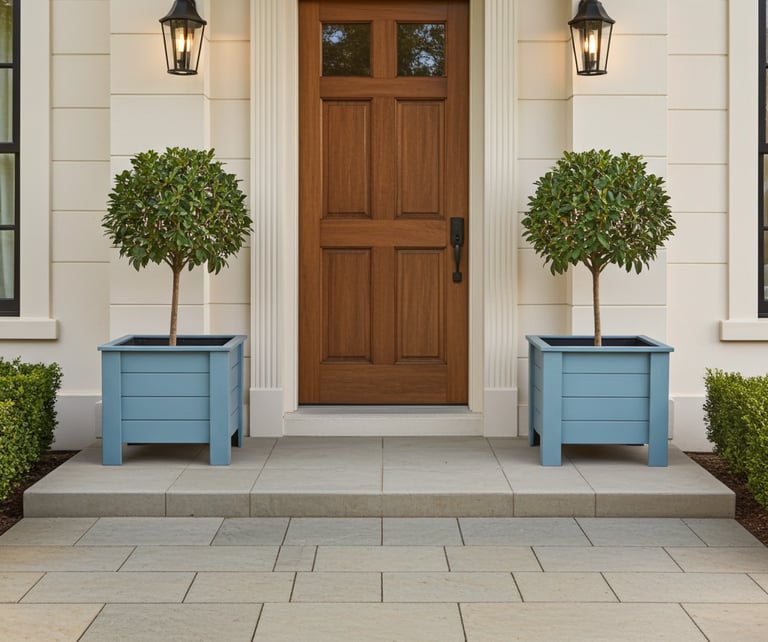 elegant wooden planter painted in grey blue with patio tree made from wood plant box on legs
