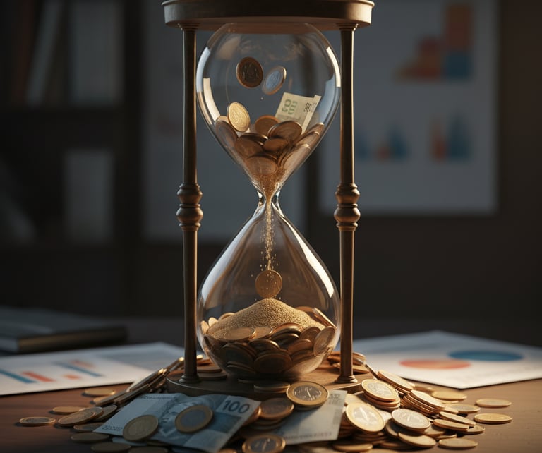 Uma ampulheta com dinheiro no lugar da areia.