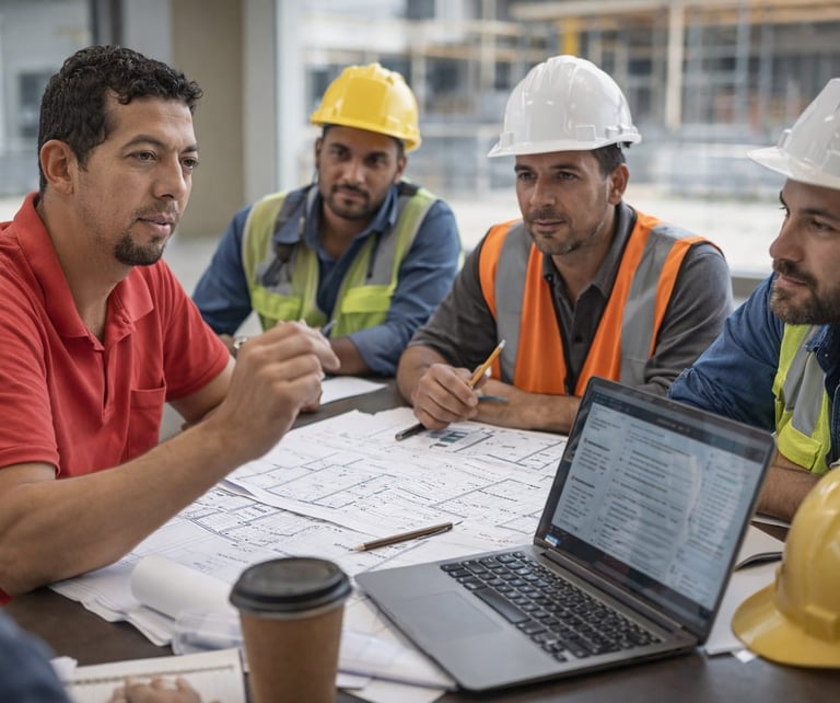 Construction engineers and site managers in hard hats review blueprints and project data on a laptop.