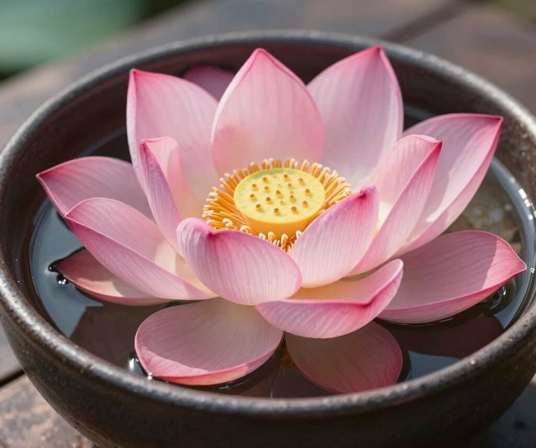 A close-up photography shot of a pink lotus flower floating in a dark ceramic bowl filled with water, lit by soft morning sun. Global / International Luxury.