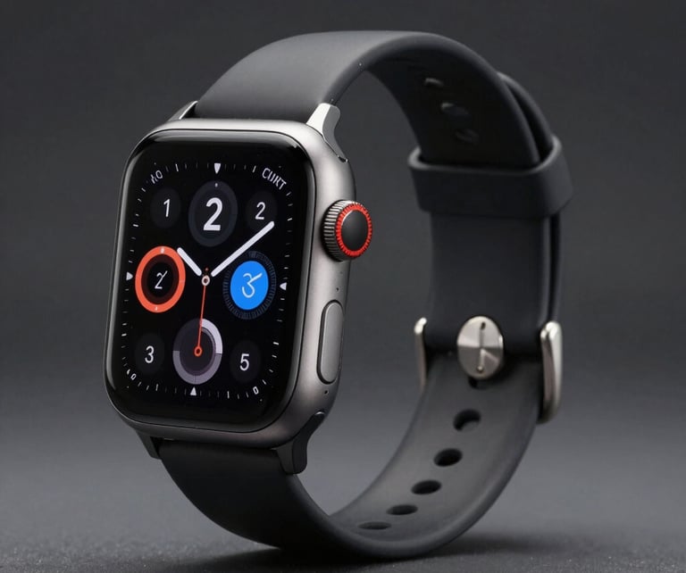 A stylish digital watch resting on a wooden table with soft lighting.