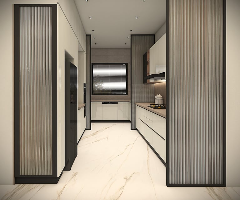 a kitchen with a large counter top and a sink view 3