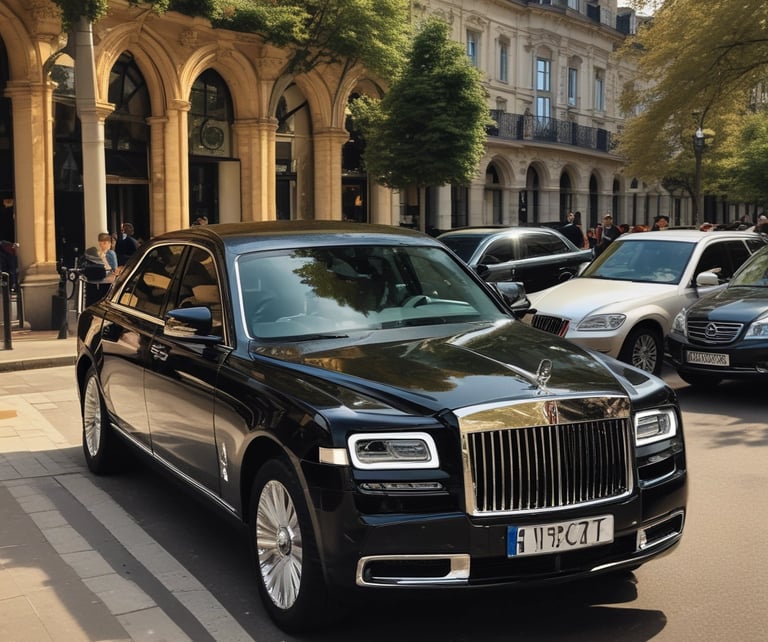Two vintage cars adorned with colorful maps and signs are parked in front of a wall with a silhouette of a cityscape. The signs on the cars advertise sightseeing tours and indicate the next departure. The area is dimly lit, with an emphasis on the cars' decorative exteriors.