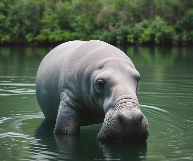 Un lamantino nell'acqua verdastra di una palude