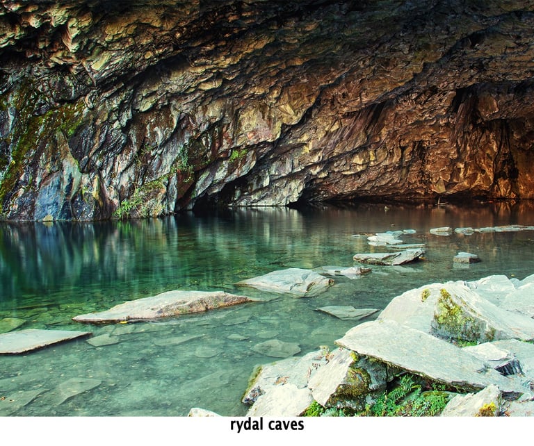 a photograph set in rydal caves with rocks and water