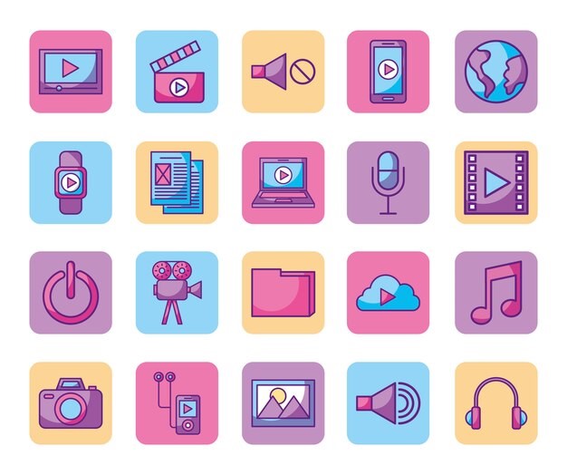 a set of flat icons of various types of media