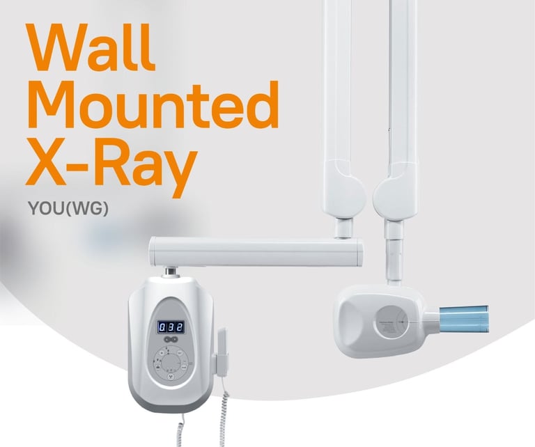 Professional wall mounted dental X-ray machine with digital control panel and adjustable arm for clinics.
