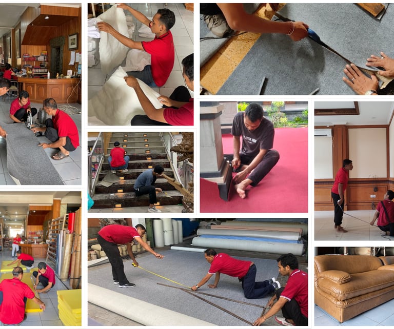Professional carpet installers measuring, cutting, and fitting floor rugs and wall-to-wall carpeting in a building.