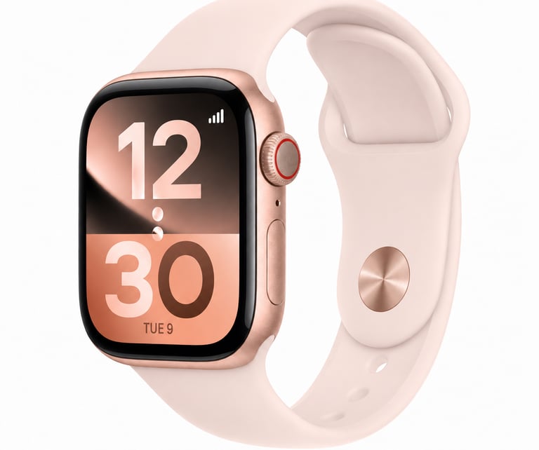 Rose gold smartwatch with a light blush sport band against a clean white background.
