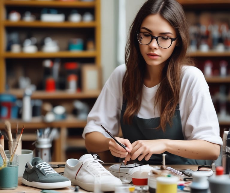 Close-up of a hand painting vibrant designs on a sneaker, showcasing detailed custom artwork.