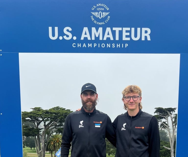 a man and woman standing in front of a us amateur team