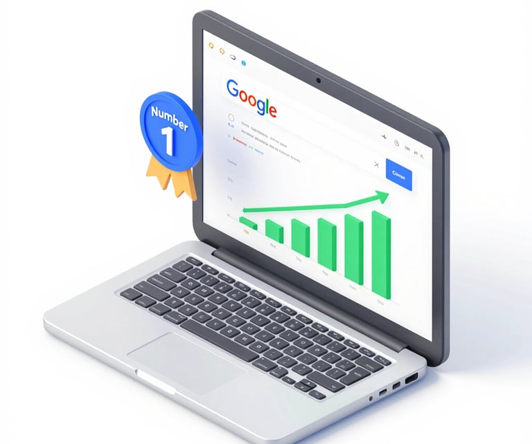 An image of a laptop screen displaying SEO analytics with electric blue highlights on a charcoal background.