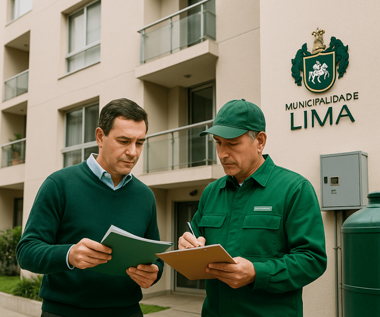 Administrador y técnico municipal revisando documentos frente a edificio en Lima 