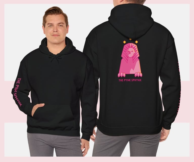 a man wearing a pink hoodie and a pink shirt with a pink and white